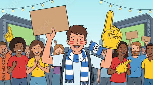 Man holding sign and foam finger.