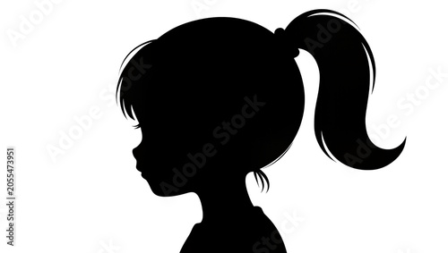 Isolated silhouette of a young girl's head in profile with a ponytail, looking left