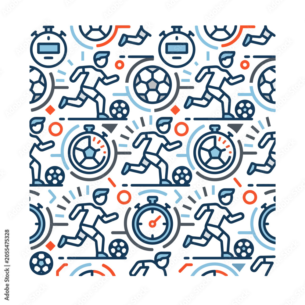 Fototapeta premium Athletes competing in various sports with stopwatch and soccer ball illustrations