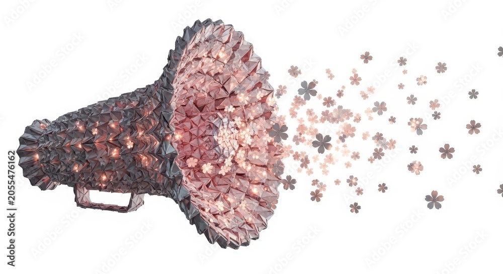 Obraz premium Origami Megaphone Blowing Cherry Blossom Petals and Stars Vector Illustration