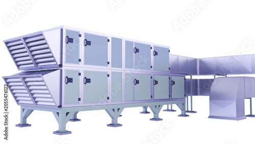 Air Handling AHU. Front and slightly lateral view. 3D rendering isolated on white background. Ideal for professionals, educational, engineering, industrial design