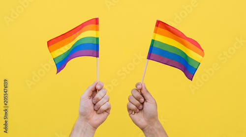 Two hands confidently holding rainbow flags on a bright light background, concept of pride, equality, support for the LGBTQ+ community and human rights, celebration of Pride Month