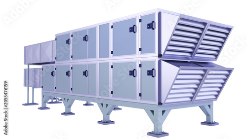 Air Handling AHU. Front and slightly lateral view. 3D rendering isolated on white background. Ideal for professionals, educational, engineering, industrial design