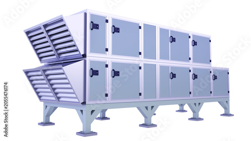 Air Handling AHU. Front and slightly lateral view. 3D rendering isolated on white background. Ideal for professionals, educational, engineering, industrial design