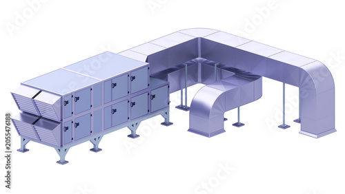 Air Handling AHU. Front and slightly upward view. 3D rendering isolated on white background. Ideal for professionals, educational, engineering, industrial design