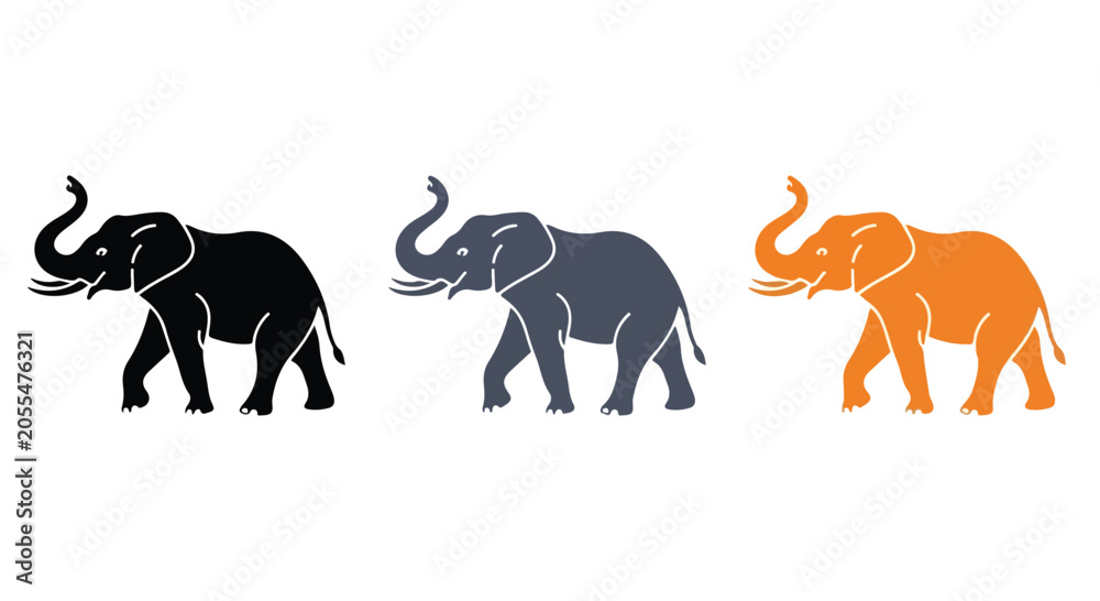 Obraz premium Three colorful elephant silhouettes walking in a row, black, gray, and orange