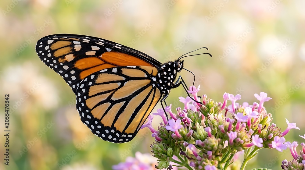 Obraz premium Monarch butterfly perched on blooming pink flowers in natural garden setting