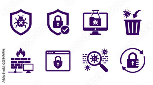 Collection of cybersecurity icons representing protection, detection, and prevention measures