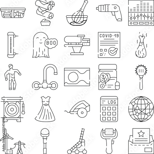 Slika na platnu Set of line icons including medical equipment, kitchen utensils, global network,