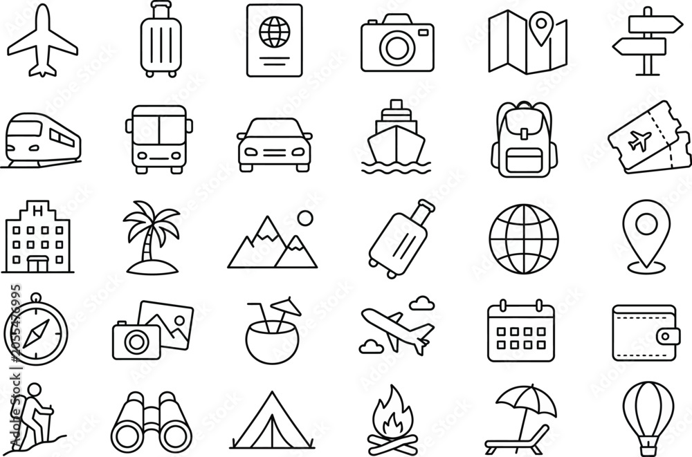 Fototapeta premium Travel Icons Set Linear Style On White Background