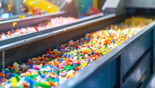 Colorful Plastic Flakes on Industrial Recycling Conveyor Line