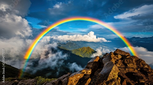 Vivid rainbow arching over majestic mountain peaks nature scene cloudy sky scenic viewpoint inspiring beauty