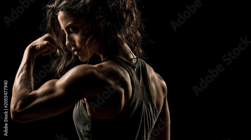 A strong woman show her back muscle , wearing black tank top , black background.