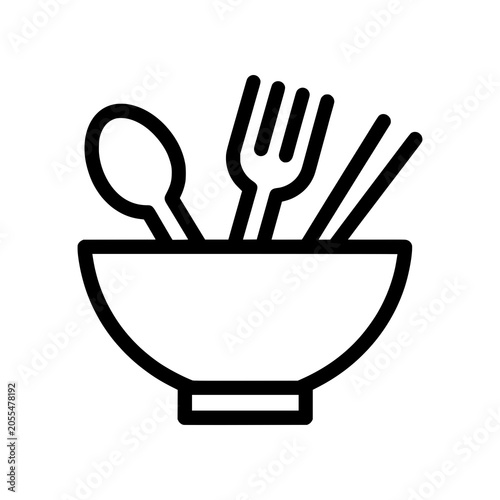 Modern bowl with chopsticks, spoon, and fork icon featuring clean geometric lines. Minimal SVG vector ideal for restaurants, Asian cuisine, food delivery, menus, and dining applications.