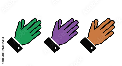 Diverse hands in green, purple, and orange waving in unison with black cuffs