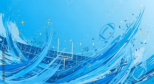 American football stadium with abstract blue wave and confetti celebration