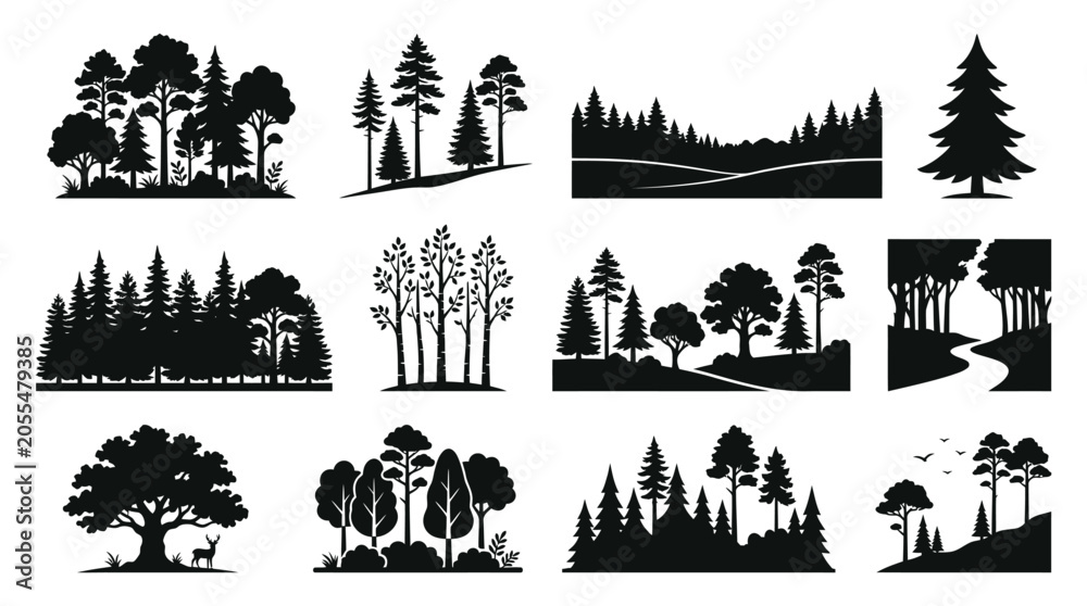 Obraz premium Black silhouettes of various trees landscape.