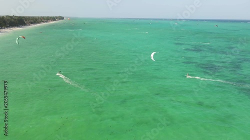 Aerial view of kitesurfers at paje beach zanzibar