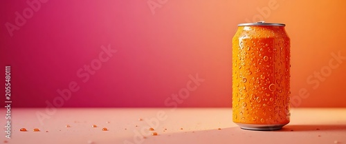 Chilled Orange Soda Can with Water Droplets on Vibrant Gradient Background