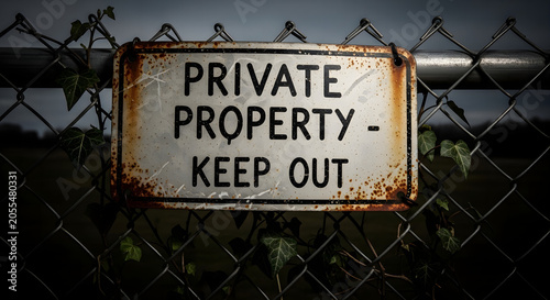 Rusted private property keep out warning sign mounted on a chain link fence