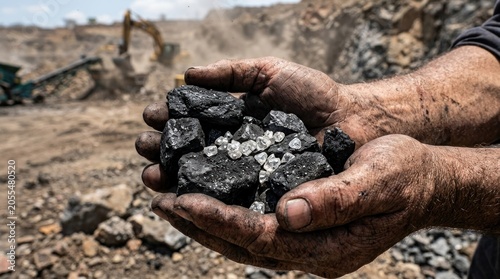 Miners Hands Holding Raw Coal and Diamonds in Open Pit Mine.