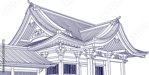 Fotografie Asian temple architecture, traditional roof design, purple line art, vector illu