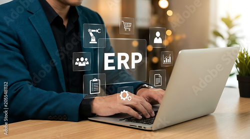 Businessman using laptop with ERP enterprise resource planning software icons