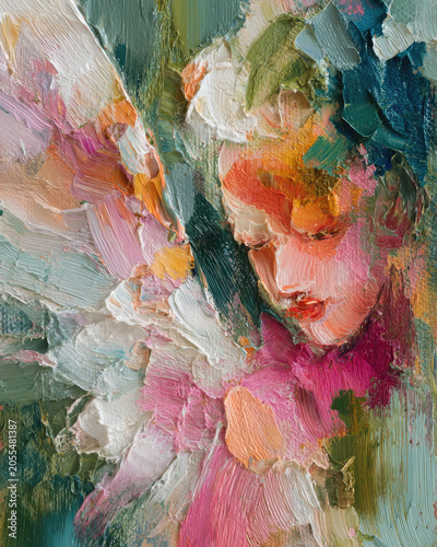 Contemporary impasto artwork depicting a gentle angel with layered paint and vibrant tactile brushwork.