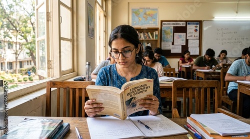 Young Woman Studying Diligently in a University Library Classroom.