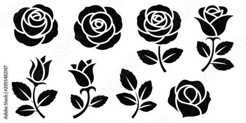 Bild auf Leinwand Beautiful black rose silhouette collection featuring various flower heads stems