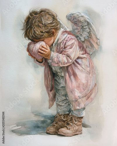 Heavenly watercolor artwork featuring a graceful angel surrounded by soft glowing tones and airy textures.