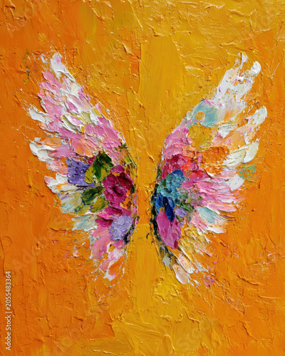 Artistic angel wings painting with tactile surface details, expressive brushstrokes, and earthy elegance.