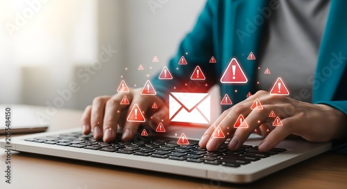 Person typing on laptop with glowing email and warning icons, representing cyber security and email threats