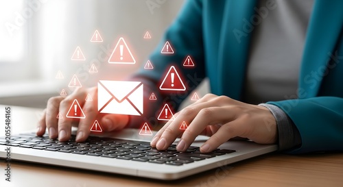 Person typing on laptop with email and warning icons, symbolizing cybersecurity threat and digital alert