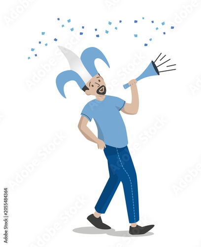 Bild auf Leinwand Hombre de cuerpo entero, fan de argentina con bubucela, gorro y papelitos celest