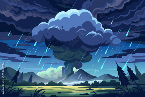 This intense weather scene captures the raw power of nature with storm clouds billowing across an overcast sky, heavy rainfall, and flashes of lightning illuminating the dark atmosphere. The dramatic,
