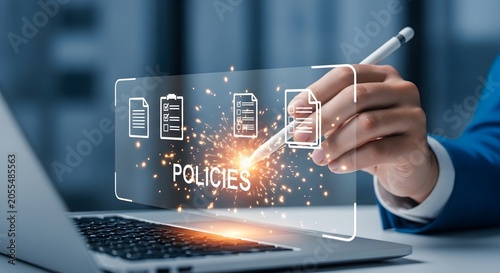 Businessman interacting with digital policies interface on a futuristic screen, representing business regulations and compliance