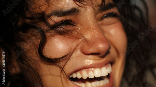 Pure Joy on a Sun-Kissed Face: A close-up captures a young woman's radiant smile, her eyes crinkled with laughter and her skin glistening with sweat, embodying unadulterated happiness and freedom.