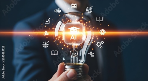 Businessman holding a glowing light bulb with AI and graduation cap symbolizing innovation and education in technology