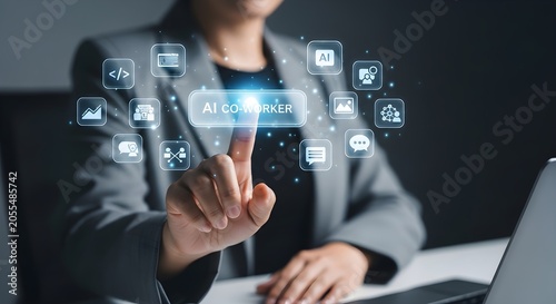Businesswoman touching AI coworker interface with digital icons, symbolizing future of work and technology integration