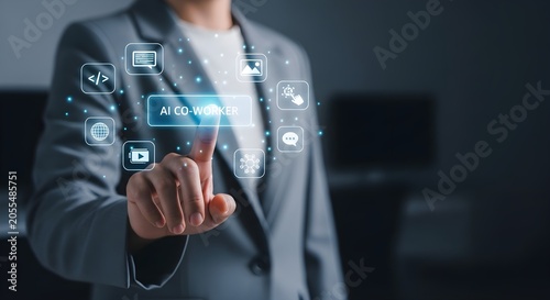 Businesswoman touching AI technology interface with digital icons for artificial intelligence and automation in modern office