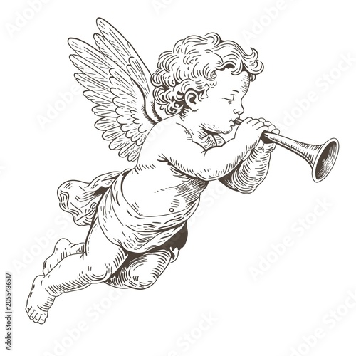 Fotografie Vintage engraving style illustration of a praying cherub angel playing a flute