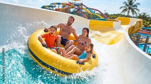 Happy family riding a raft down a water park slide during summer vacation