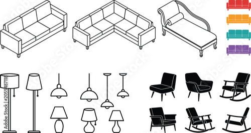 Bild auf Leinwand Isometric sofa and living room furniture vector icon set, home interior decorati