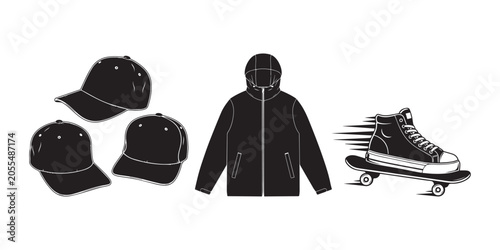 Tableau sur toile Black skateboarding hoodie and caps vector illustration