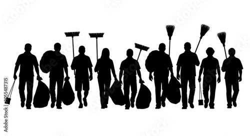 Tablou pe pânză Silhouette of a group of volunteers cleaning up trash in a community service project