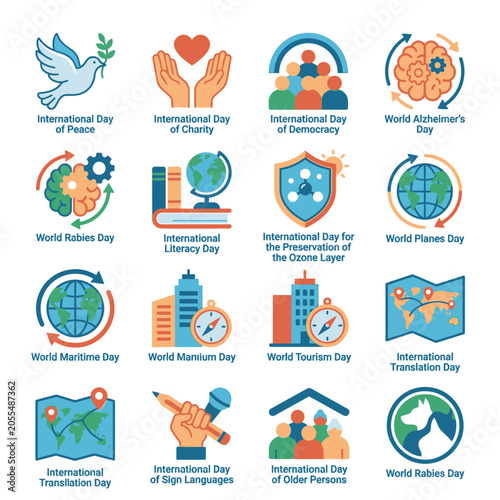 Εκτύπωση καμβά International day observance icons set for global awareness.