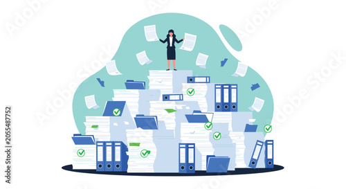 Bild auf Leinwand Professional businesswoman standing on top of a massive pile of paperwork and documents representing bureaucratic work overload
