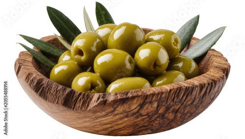 Bild auf Leinwand Isolated green olives with fresh olive leaves in a rustic wooden bowl, delicious