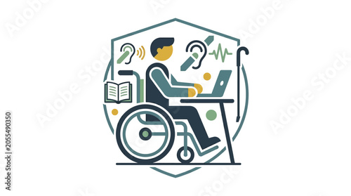 Man in wheelchair using laptop computer.